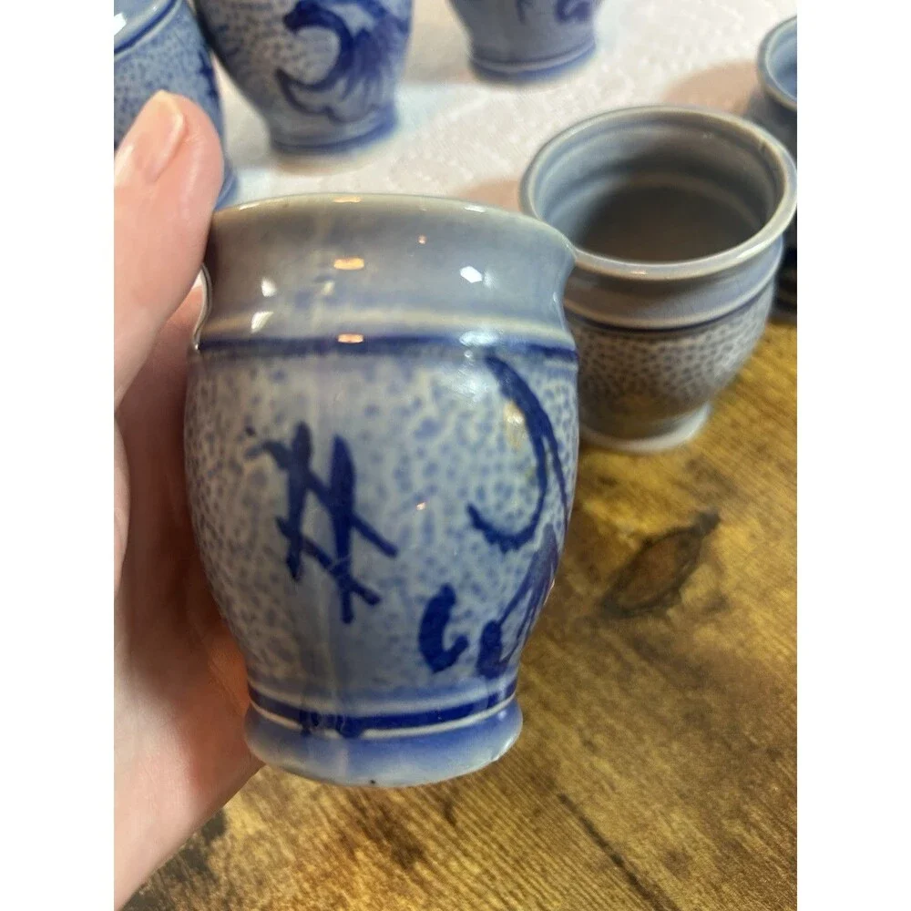 Stoneware Cups Blue Salt Glaze Swirl Tumblers Barware No Markings Wine 3.5